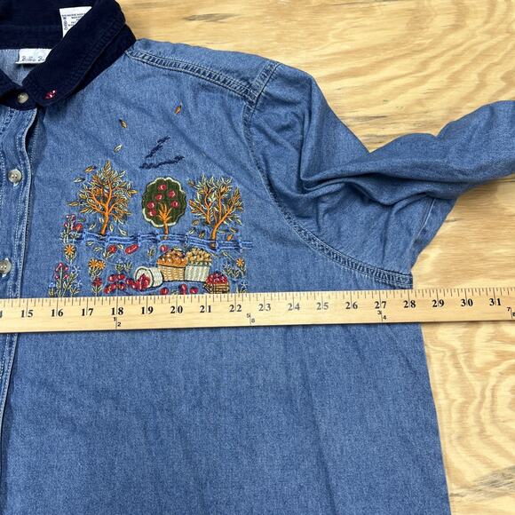 Vtg Bobbie Brooks Embroidered Fall Apples Blue Denim Shirt Women's Size 26W/28W - Picture 10 of 13